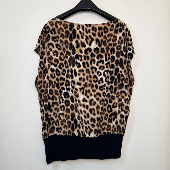 EXPRESS Leopard Print Boatneck Off-Shoulder Batwing Black Hem Tunic Blouse M - Picture 10 of 11